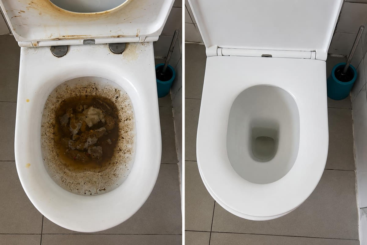 A toilet pan holding backed-up brown water and waste, then the same pan clean with clear water at the normal level