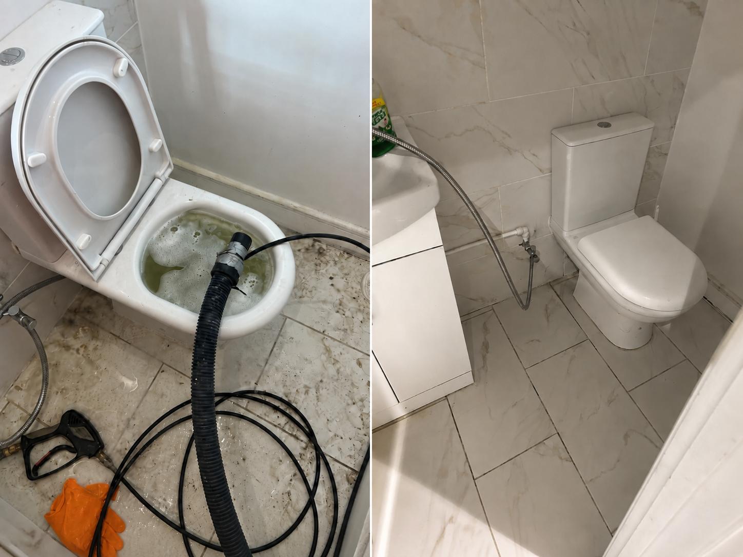 A blocked toilet being cleared with a jetting hose, and the same bathroom left clean afterwards