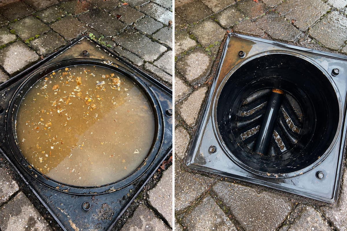 A drain in block paving standing full of cloudy water and food waste, then cleared down to the empty base