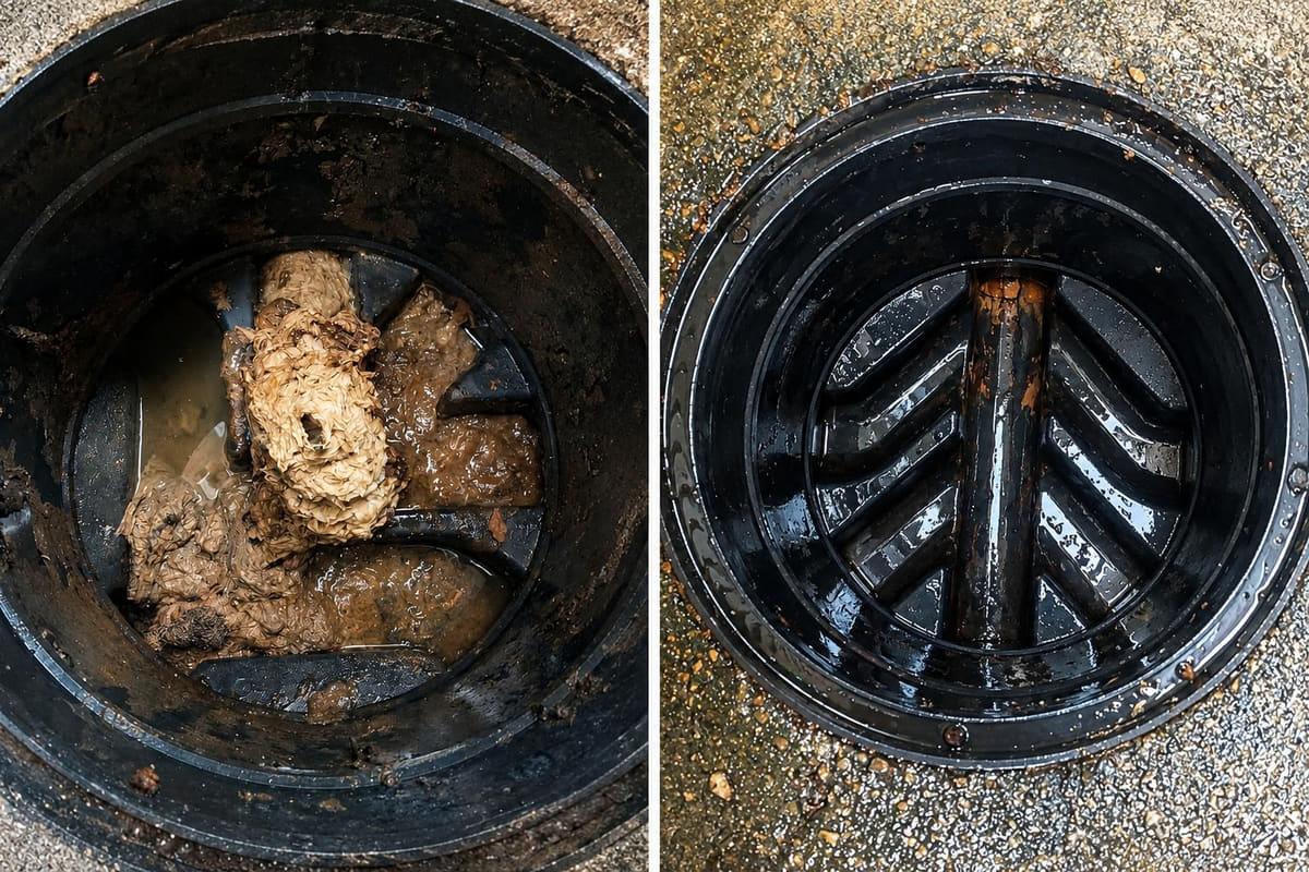 Wipes and congealed grease sitting on a blocked drain grate, then the same grate clean and draining